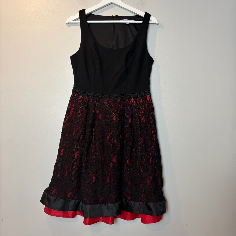 Luxe by Carmen Marc Valvo Red and Black Lace Details Tank Dress Women's 10